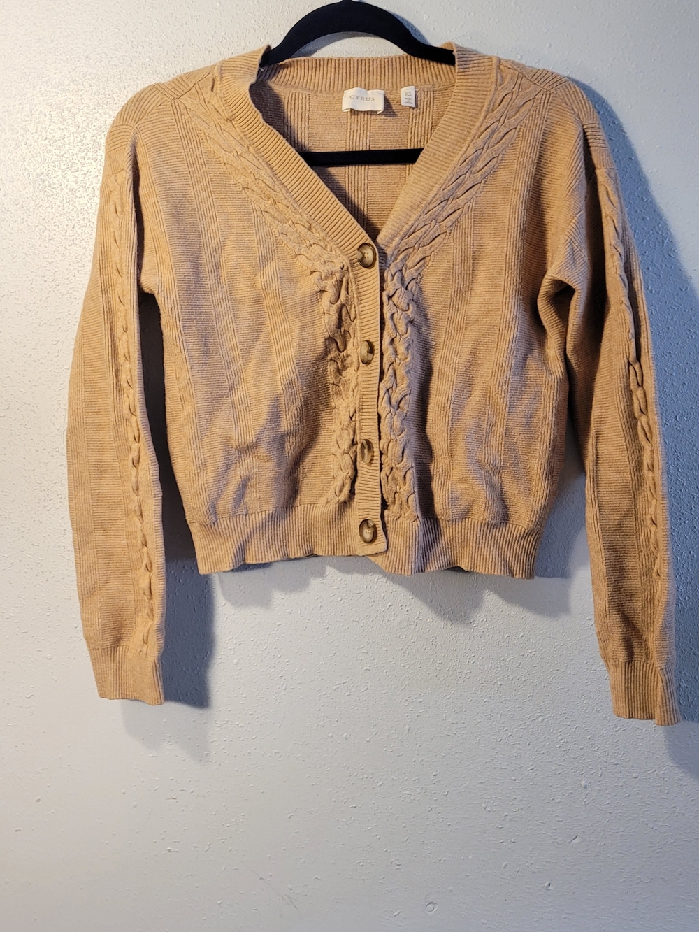 Cyrus Beige Cropped Cable Knit Button-Front Cardigan